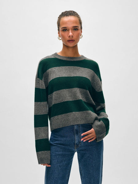 Cashmere Striped Crewneck - Graphite/Emerald