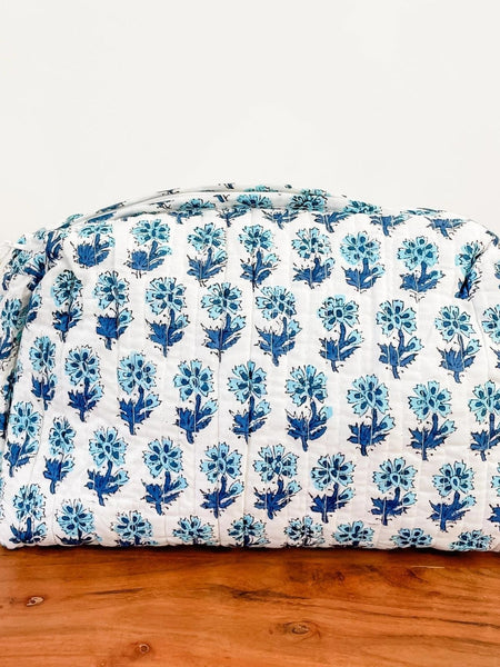 Blue Daisy Block Print Pouch (Set of 3)