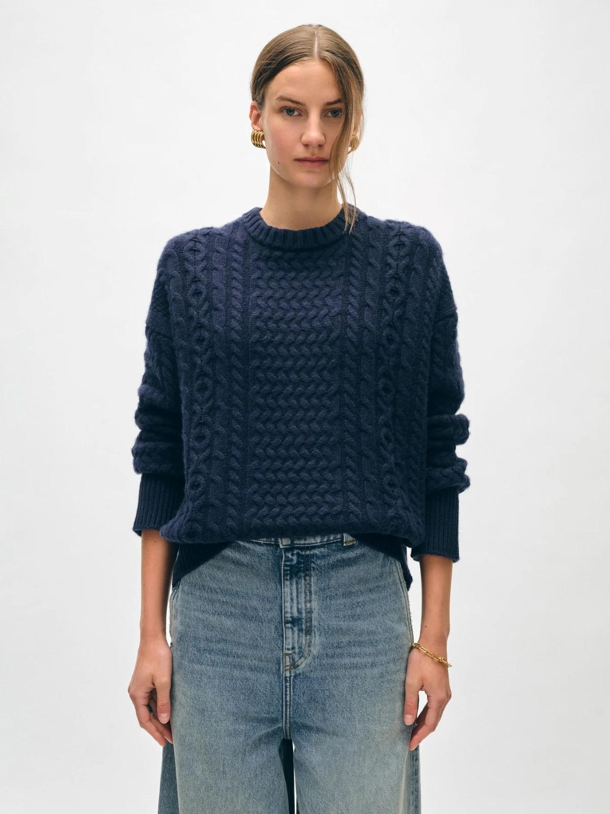 Merino/Cashmere Cable Crew - Navy